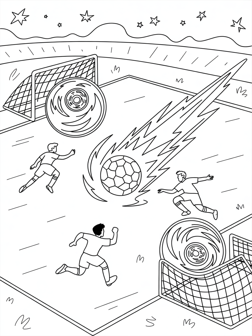 Meteor soccer with pulsar spinning goals - Free Coloring Page