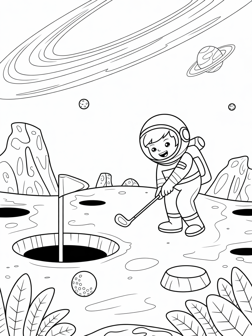 Galactic golf on a crater-filled course - Free Coloring Page