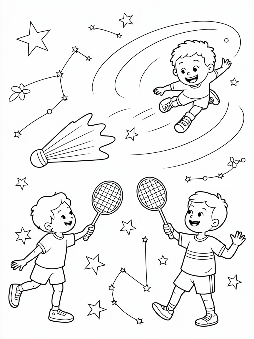 Starlight badminton with comet shuttlecocks - Free Coloring Page
