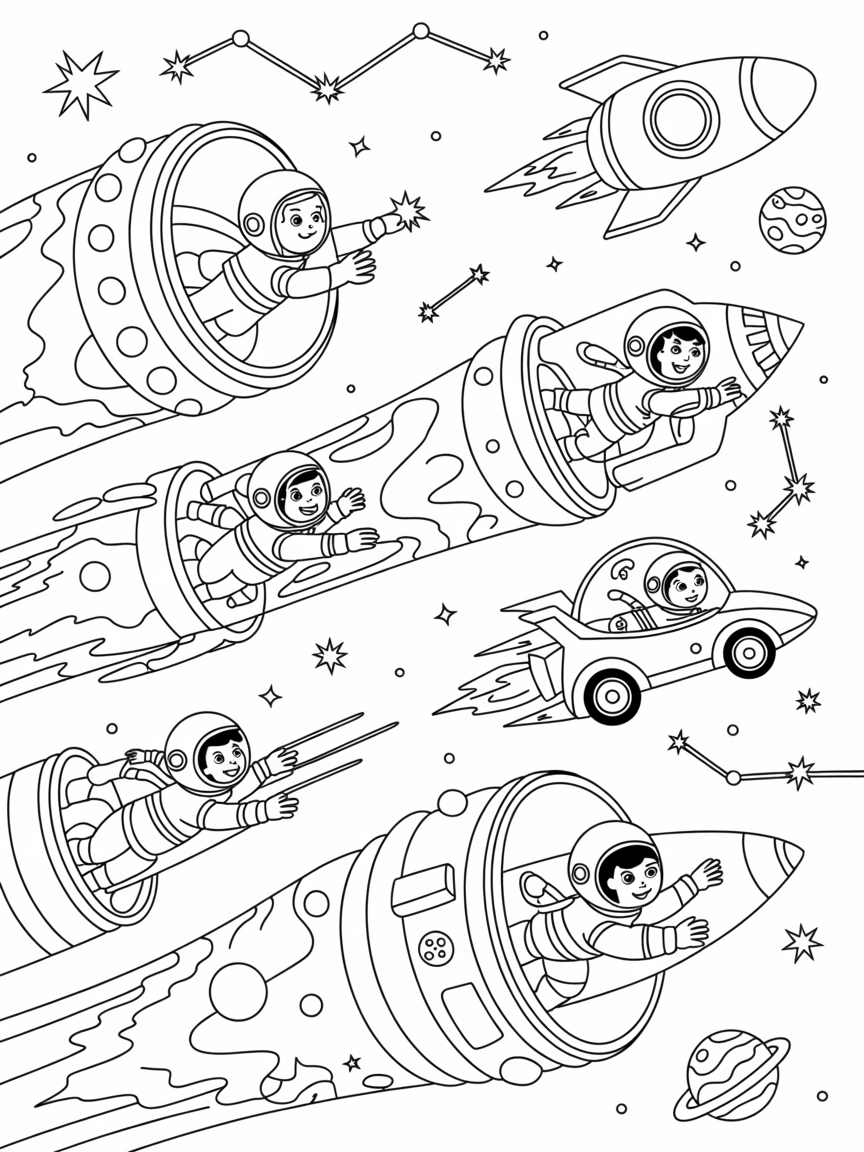 Space-themed relay race through wormholes - Free Coloring Page