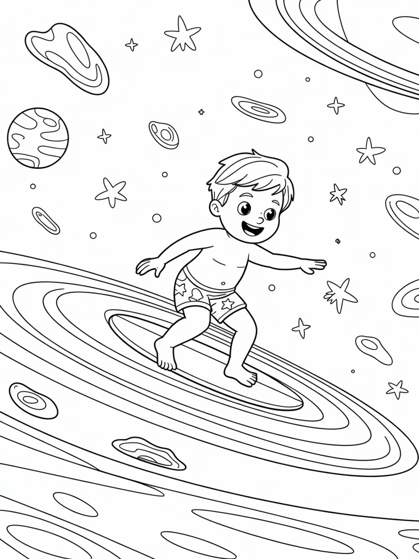 Surfing on Saturn's rings with cosmic waves - Free Coloring Page