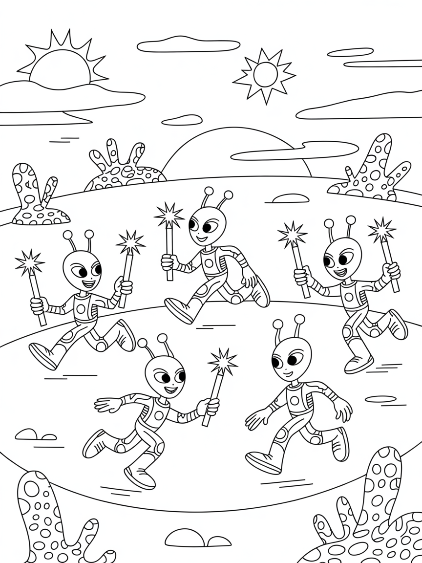 Alien relay race passing glowing star batons - Free Coloring Page