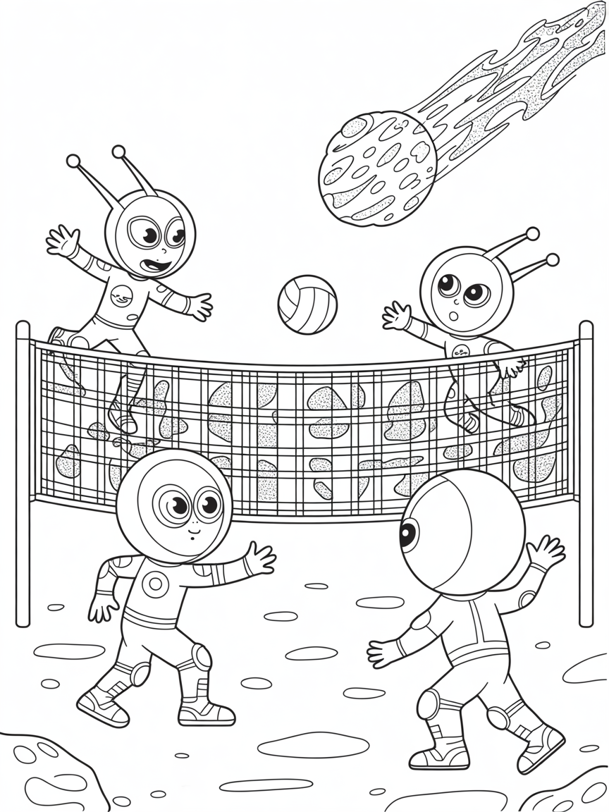 Space volleyball match using meteor nets - Free Coloring Page