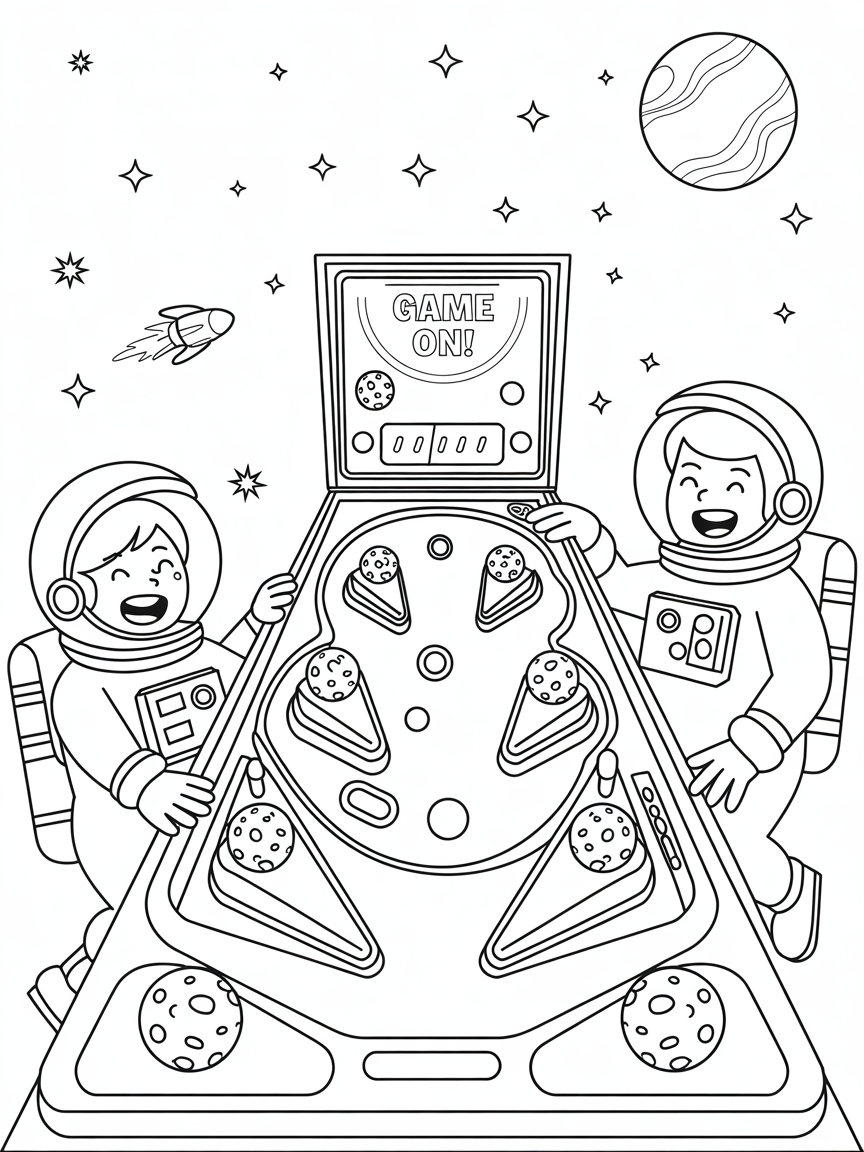 Astronauts playing pinball with asteroid bumpers - Free Coloring Page