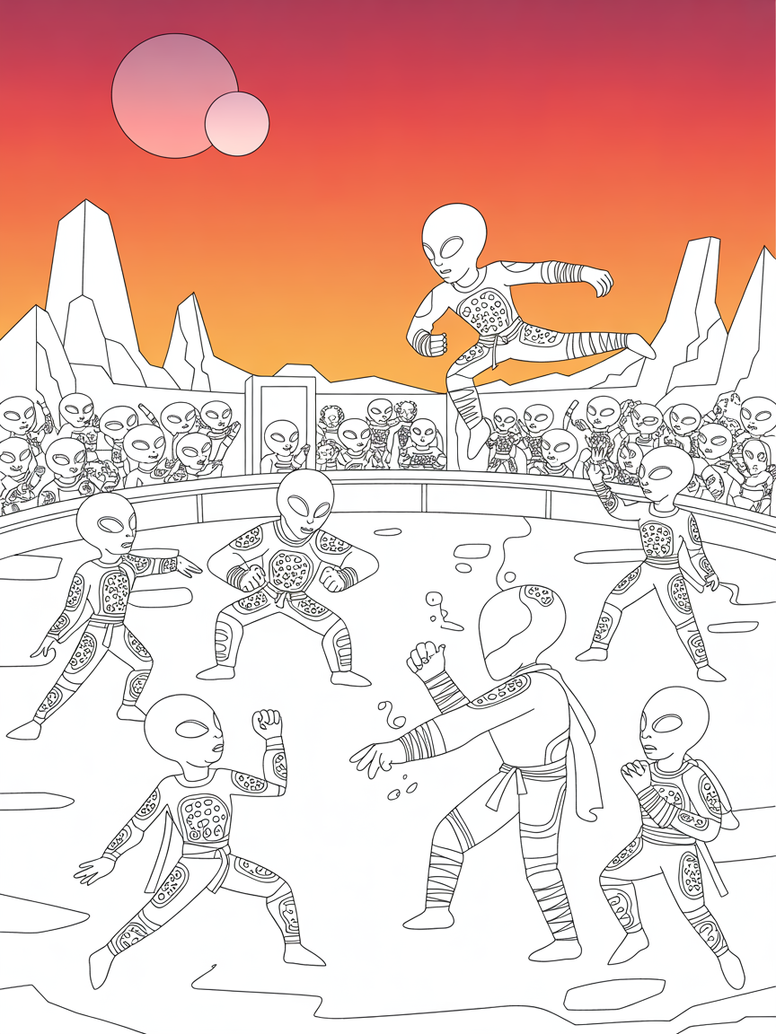 Martian martial arts tournament under red skies - Free Coloring Page