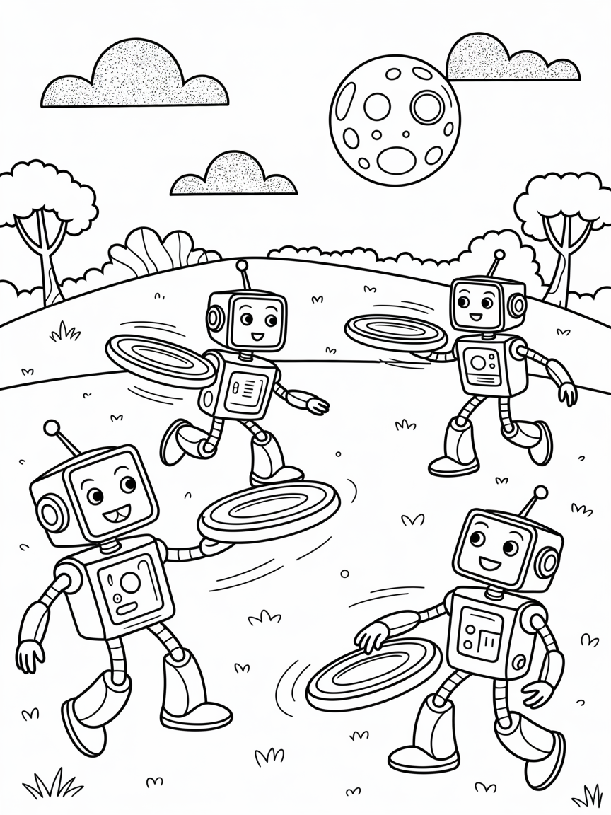 Robots playing frisbee with digital moon discs - Free Coloring Page