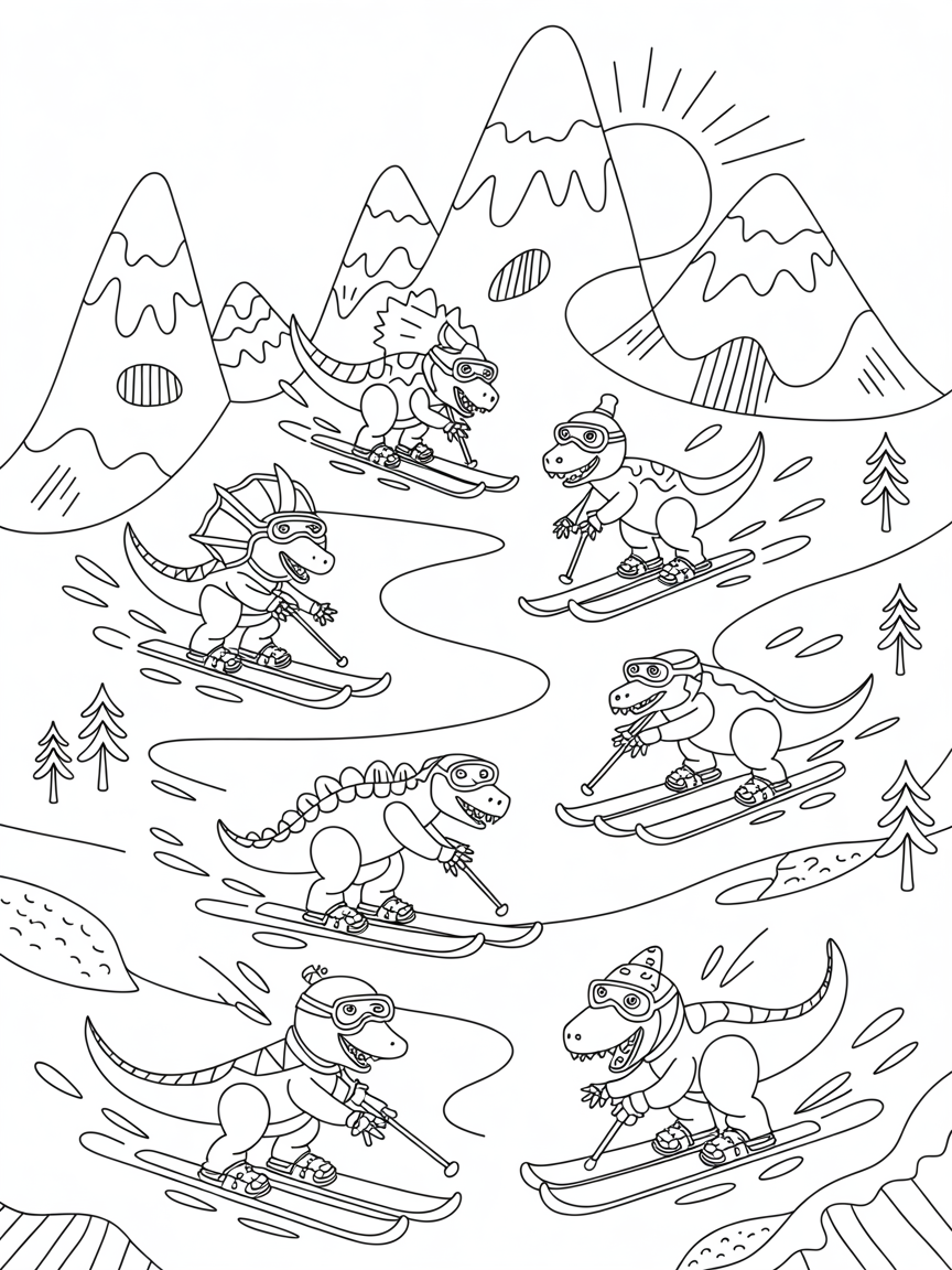 Dinosaurs skiing down icy extraterrestrial peaks - Free Coloring Page