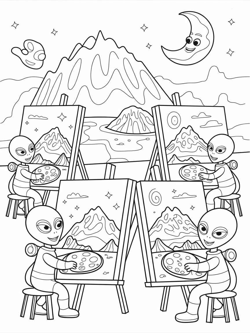 Alien artists painting cosmic mountain landscapes - Free Coloring Page