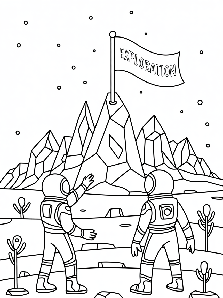 Space pioneers planting flags on glowing crystal mountains - Free Coloring Page