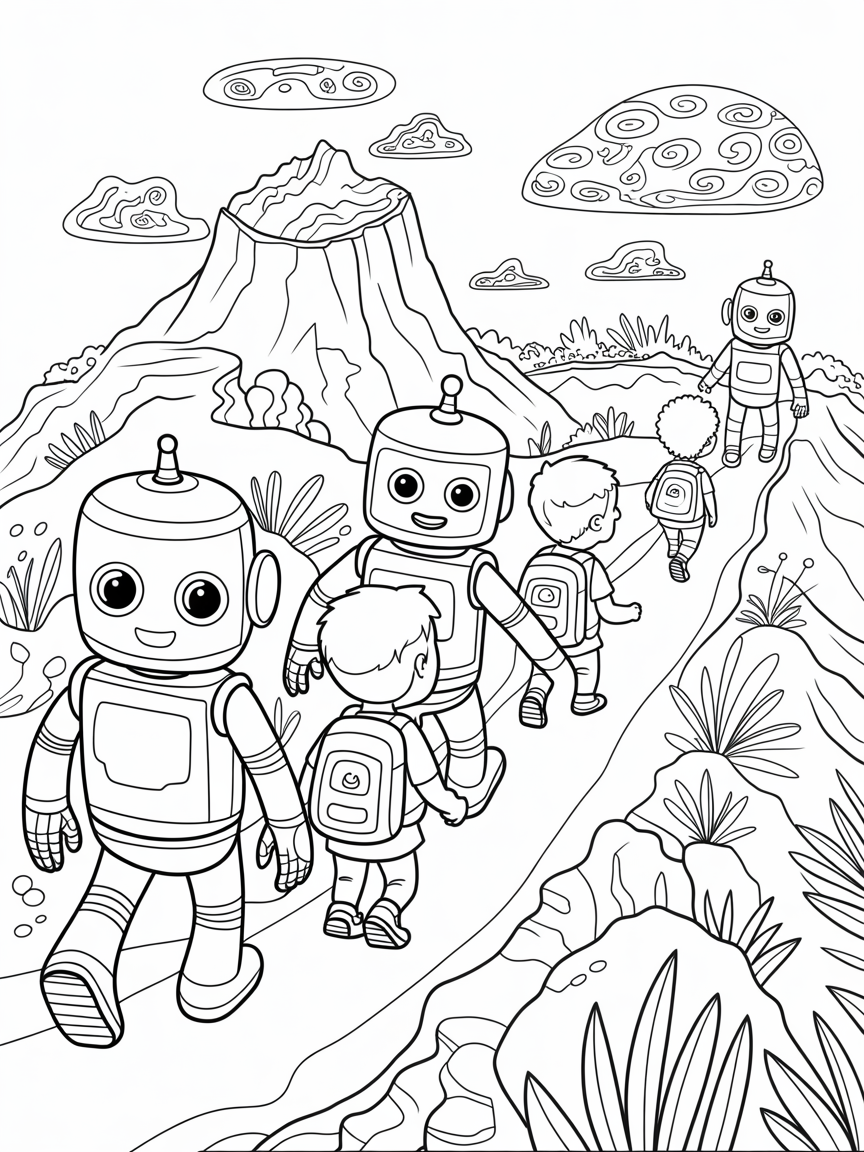 Robot sherpas guiding on intergalactic mountaintop trails - Free Coloring Page