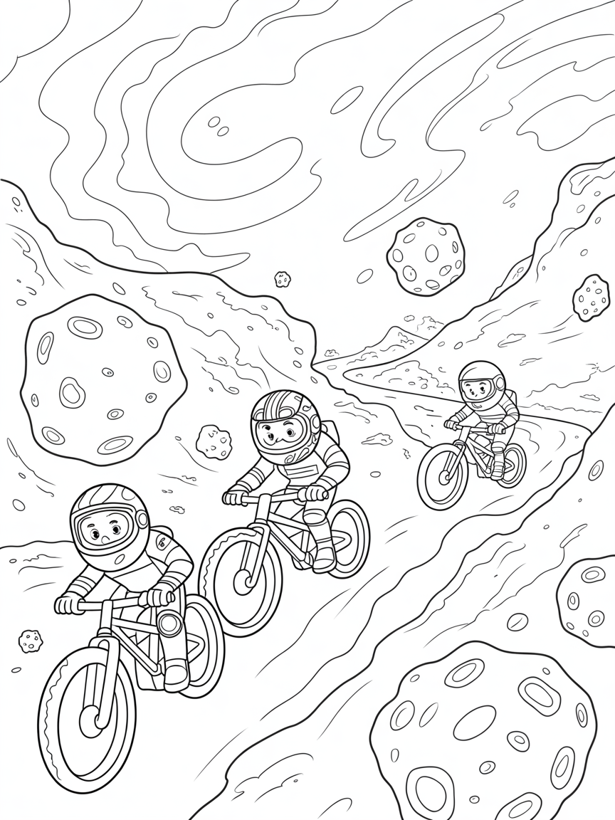 Galactic mountain bikers navigating asteroid-studded slopes - Free Coloring Page