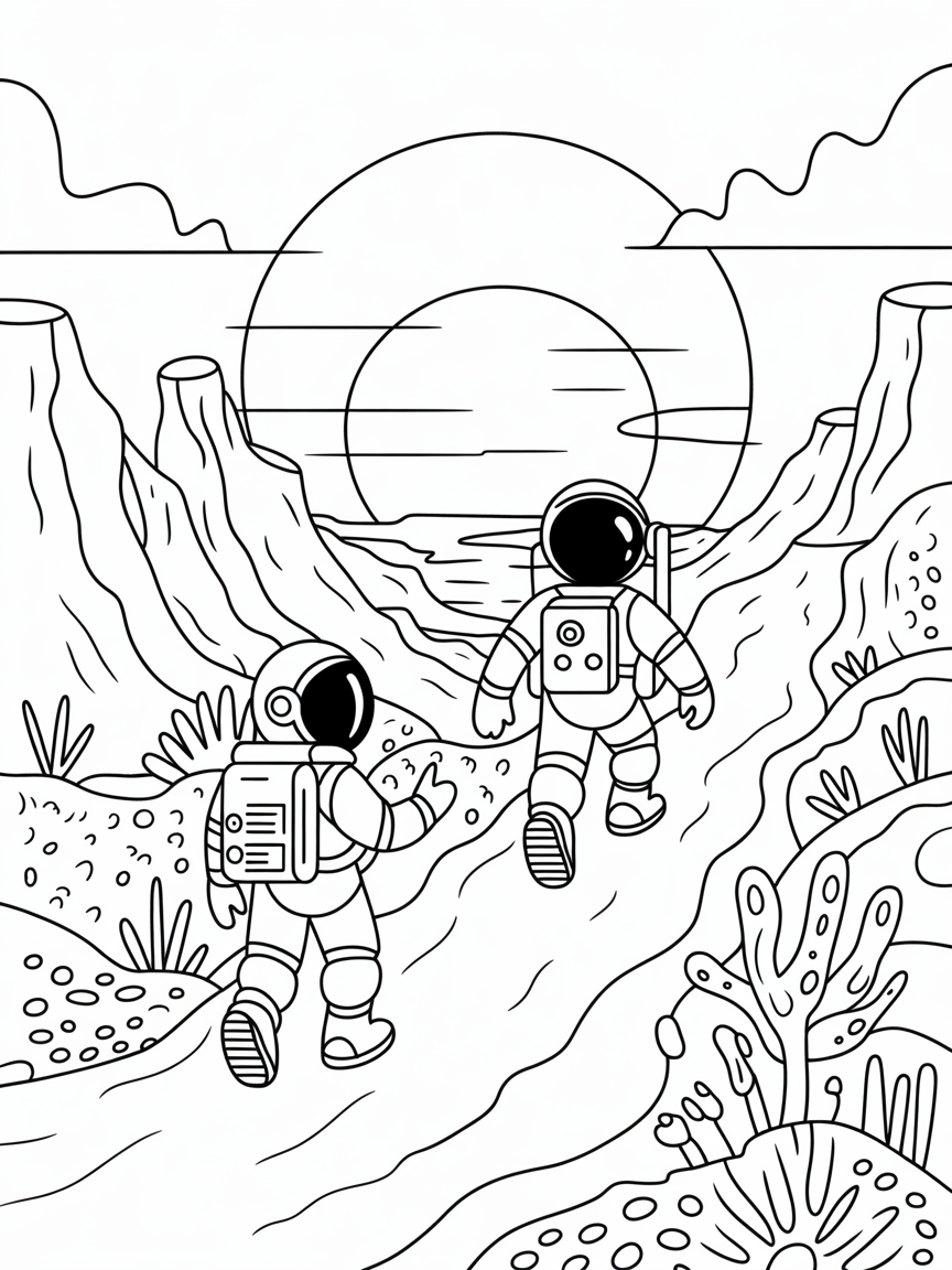 Interstellar hiking adventure across planetary ridges - Free Coloring Page