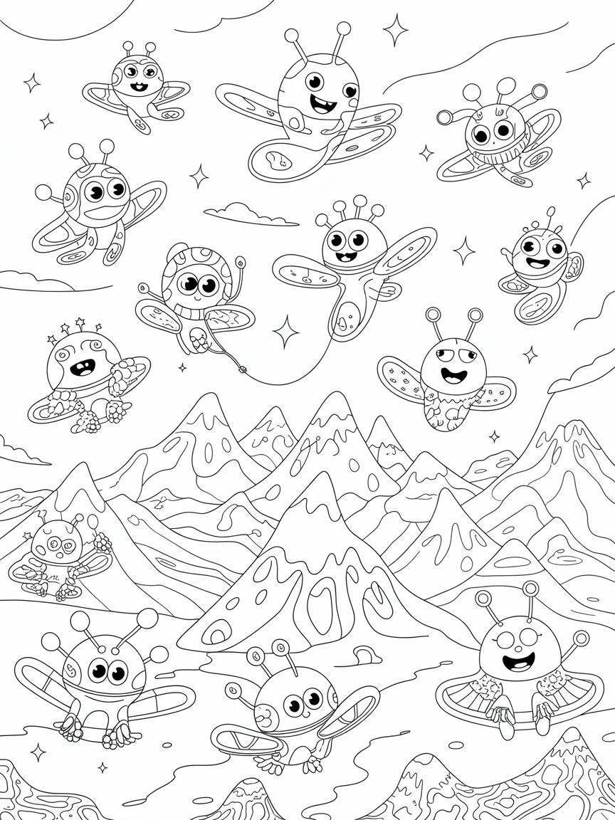 Space creatures hang-gliding over luminescent mountain ranges - Free Coloring Page