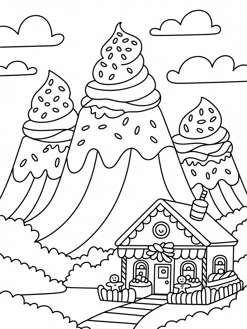 Mountain-top bakery with cupcake-shaped peaks - Free Coloring Page