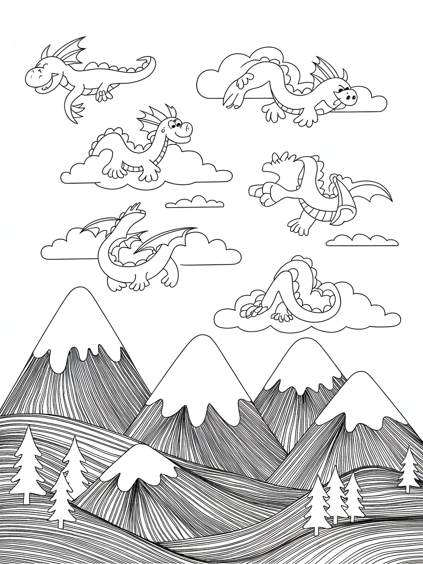 Clouds shaped like dragons over mountain peaks - Free Coloring Page