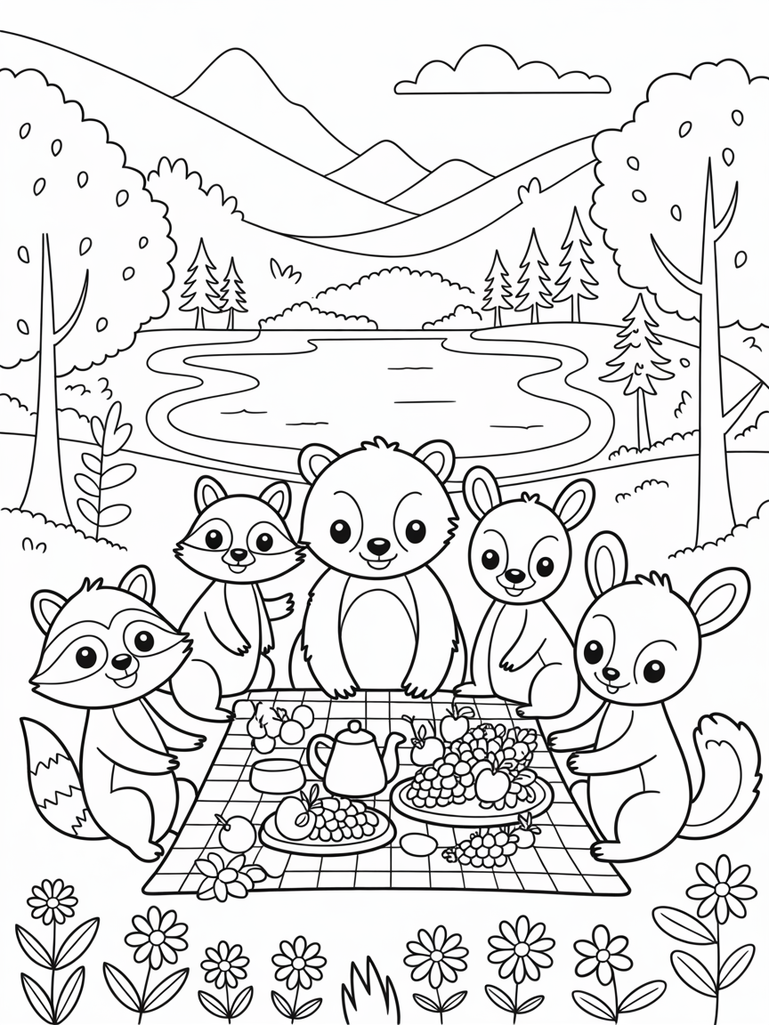 Forest animals picnicking by a serene mountain lake - Free Coloring Page