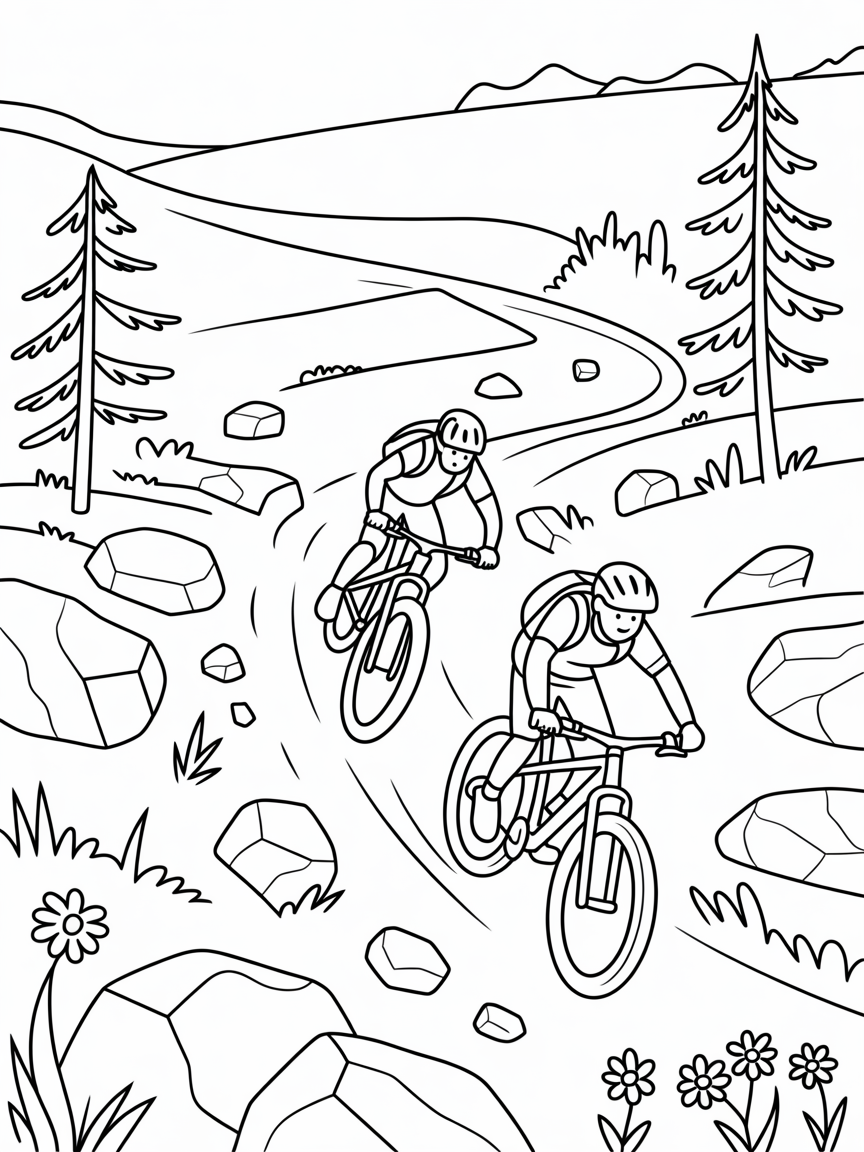 Mountain bikers tackling a challenging rocky path - Free Coloring Page