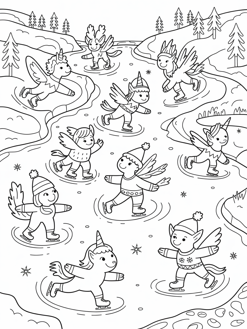 Magical creatures ice skating on a frozen mountain stream - Free Coloring Page