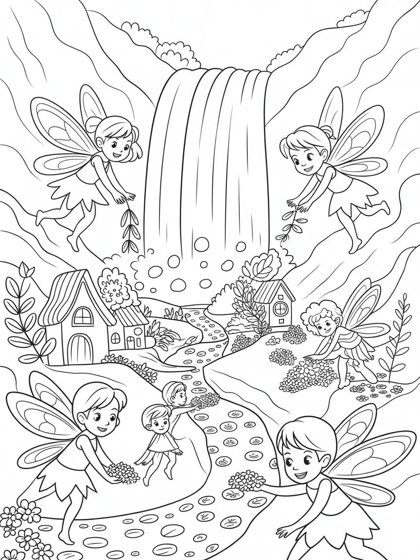 Fairies building a village under a mountain waterfall - Free Coloring Page