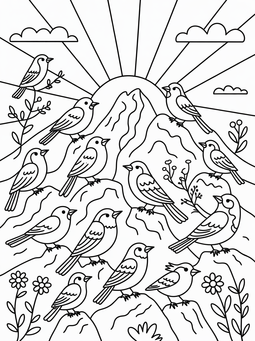 Bird symphony singing at sunrise on a mountain top - Free Coloring Page