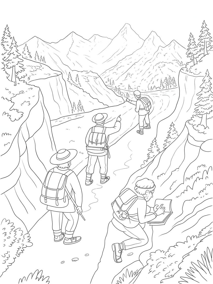 Historical explorers charting new mountain routes - Free Coloring Page