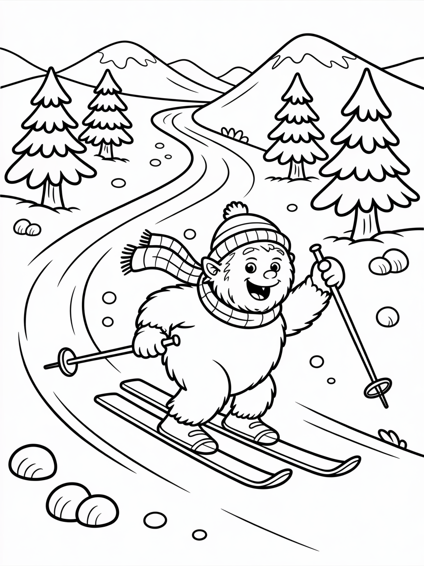 Yeti skiing adventure on snowy mountain trails - Free Coloring Page