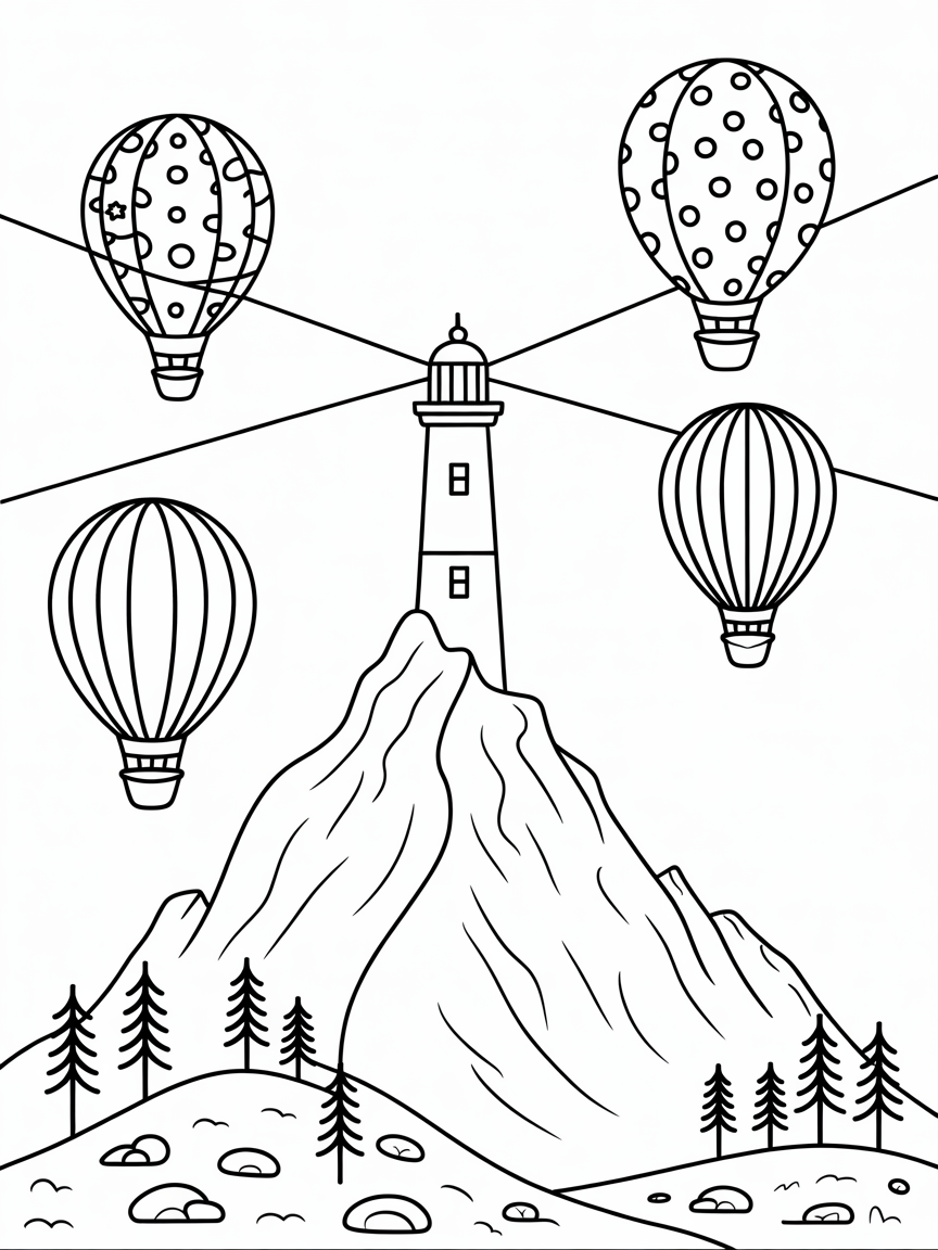 Mountain summit lighthouse guiding lost hot air balloons - Free Coloring Page