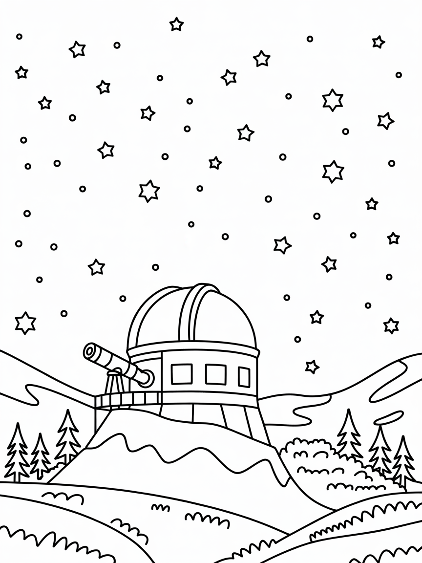 Mountain-top observatory searching the star-filled sky - Free Coloring Page