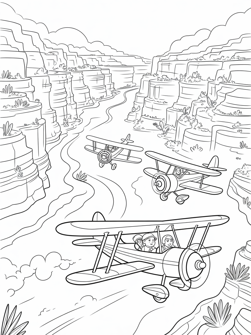 Mountain aviators soaring through a vibrant canyon - Free Coloring Page