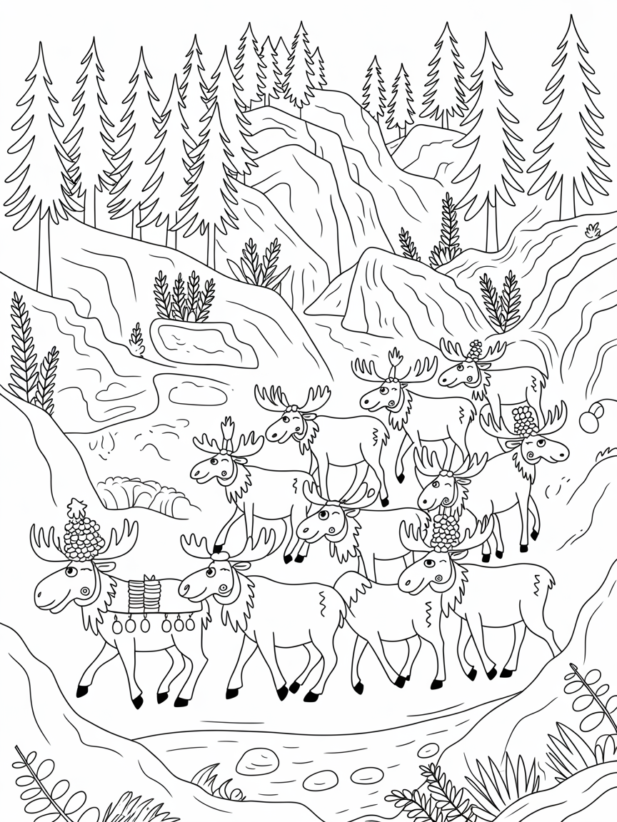 Moose caravans navigating a rugged mountain forest - Free Coloring Page