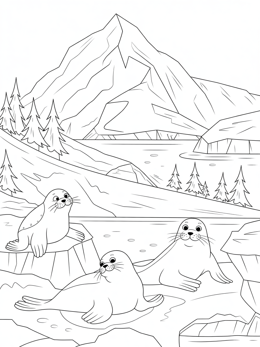 Mountain peak glacier exploration with friendly seals - Free Coloring Page