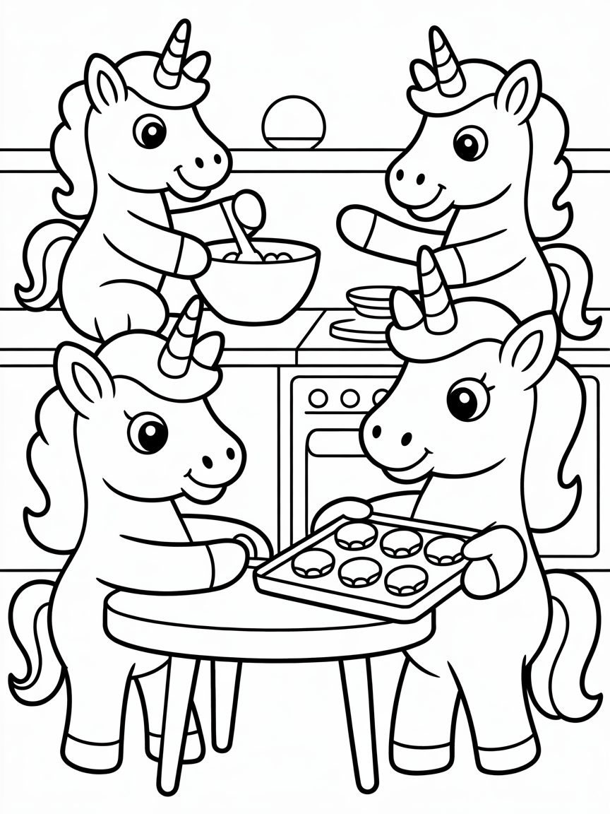 Unicorns baking cookies - Free Coloring Page