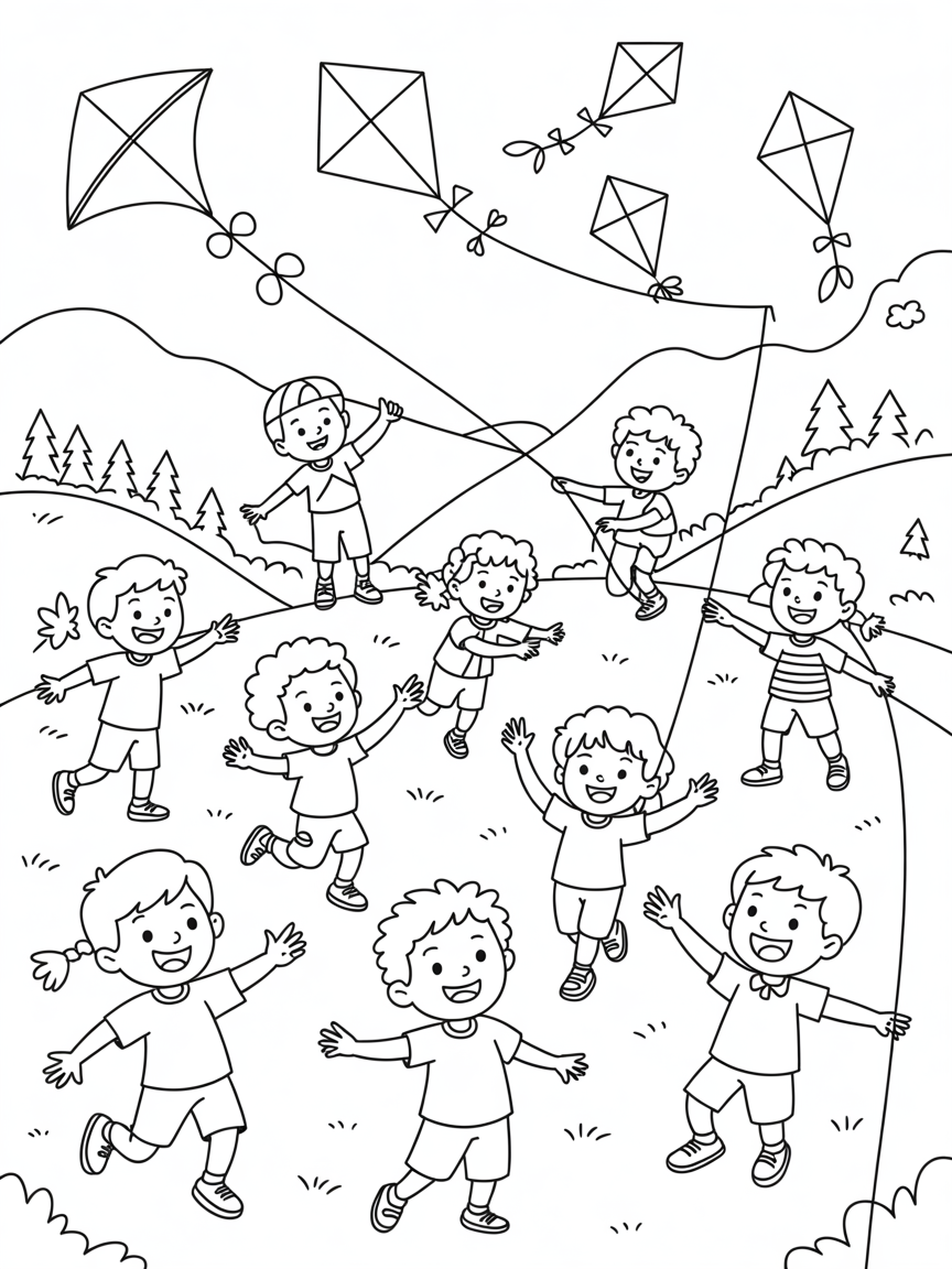 Children hosting a kite festival on a breezy mountain ridge - Free Coloring Page