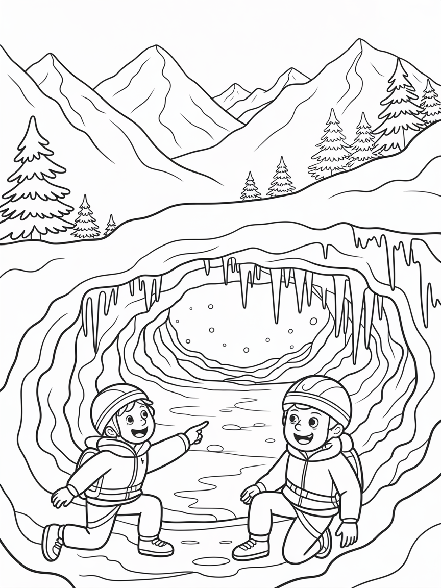 Mountain climbers discovering a magical ice cave - Free Coloring Page