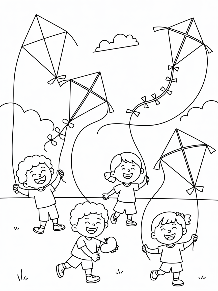 Flying kites - Free Coloring Page