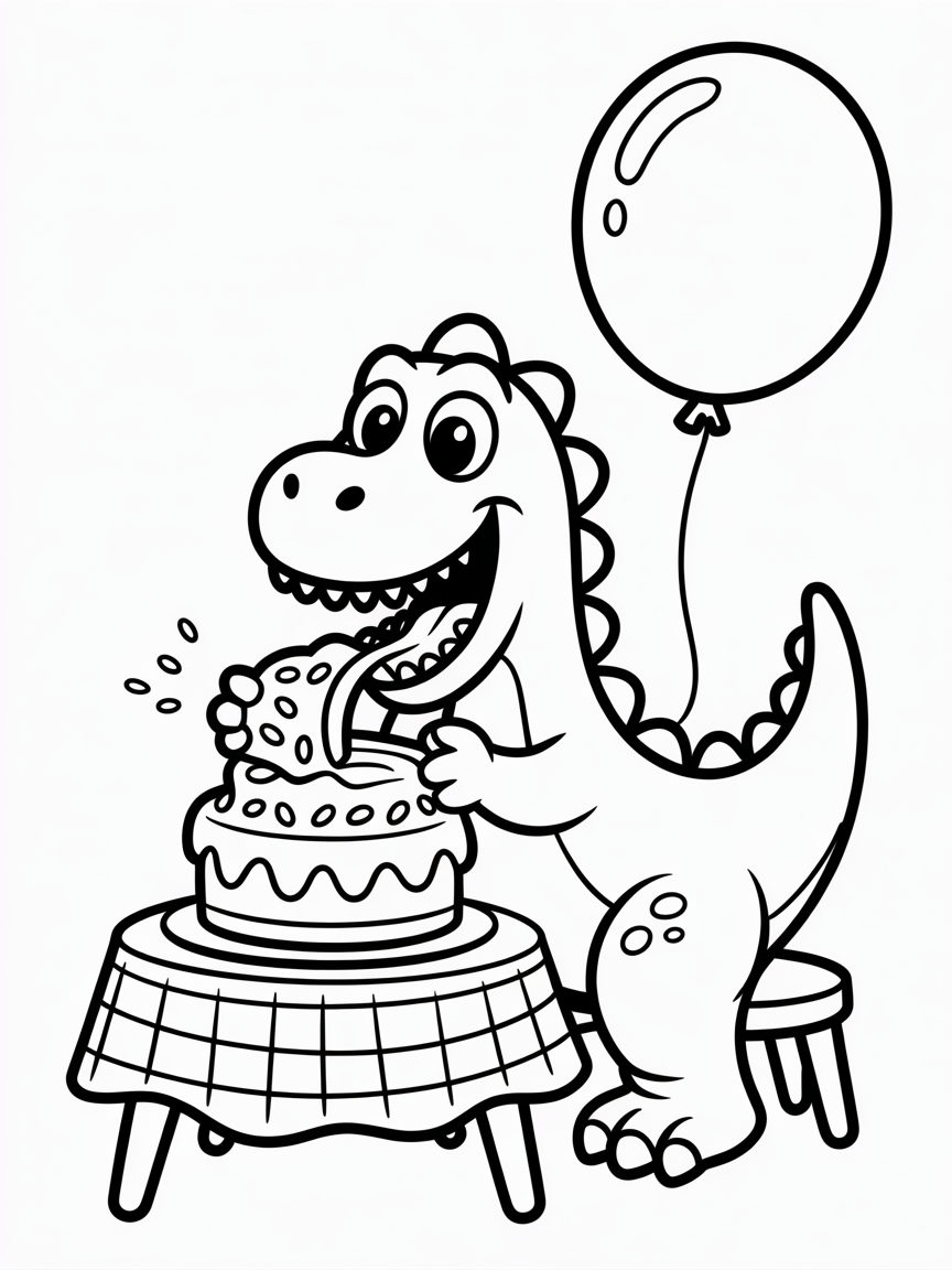 Dino eating cake - Free Coloring Page