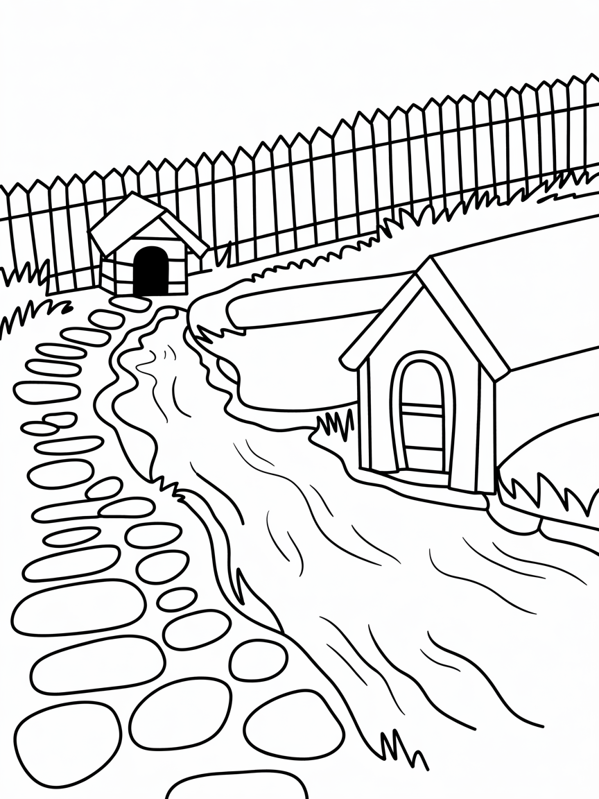 una casa al lado de un rio, con cercas y una casita de perro, y un camino de piedras - Free Coloring Page