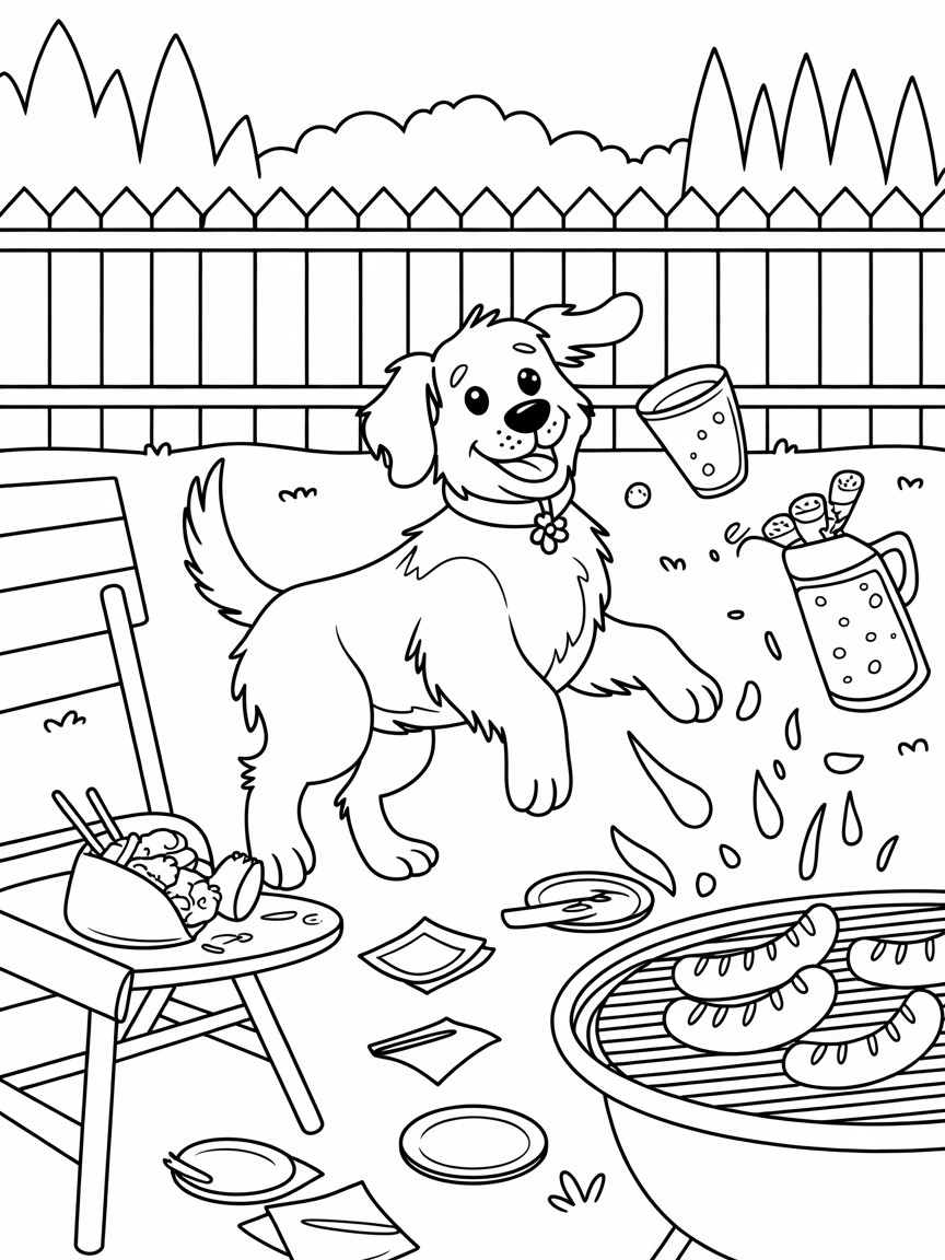 Family dog causing chaos during a barbecue - Free Coloring Page