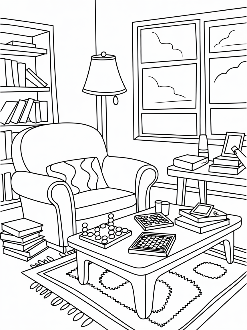 Retro living room with classic board games scattered around - Free Coloring Page