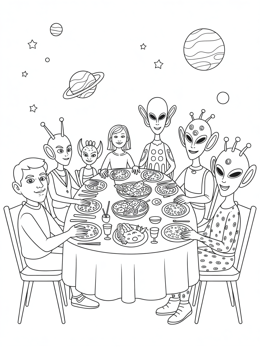 Intergalactic family dinner with quirky alien guests - Free Coloring Page