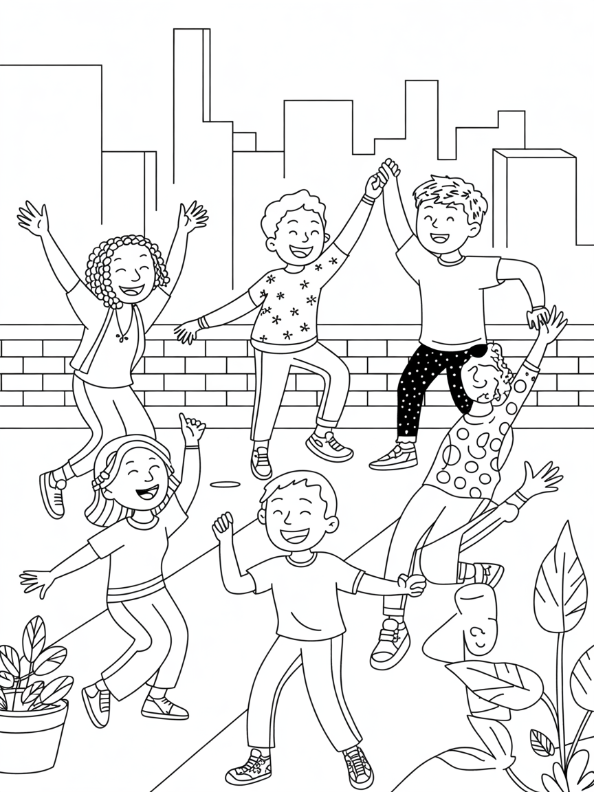 Teenagers hosting an impromptu rooftop dance party - Free Coloring Page