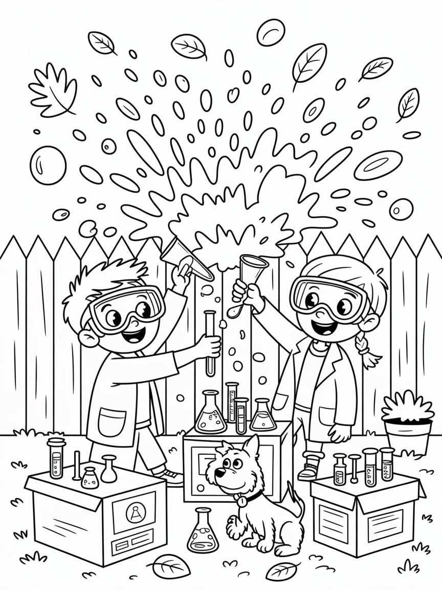 Siblings creating a backyard science experiment gone wild - Free Coloring Page