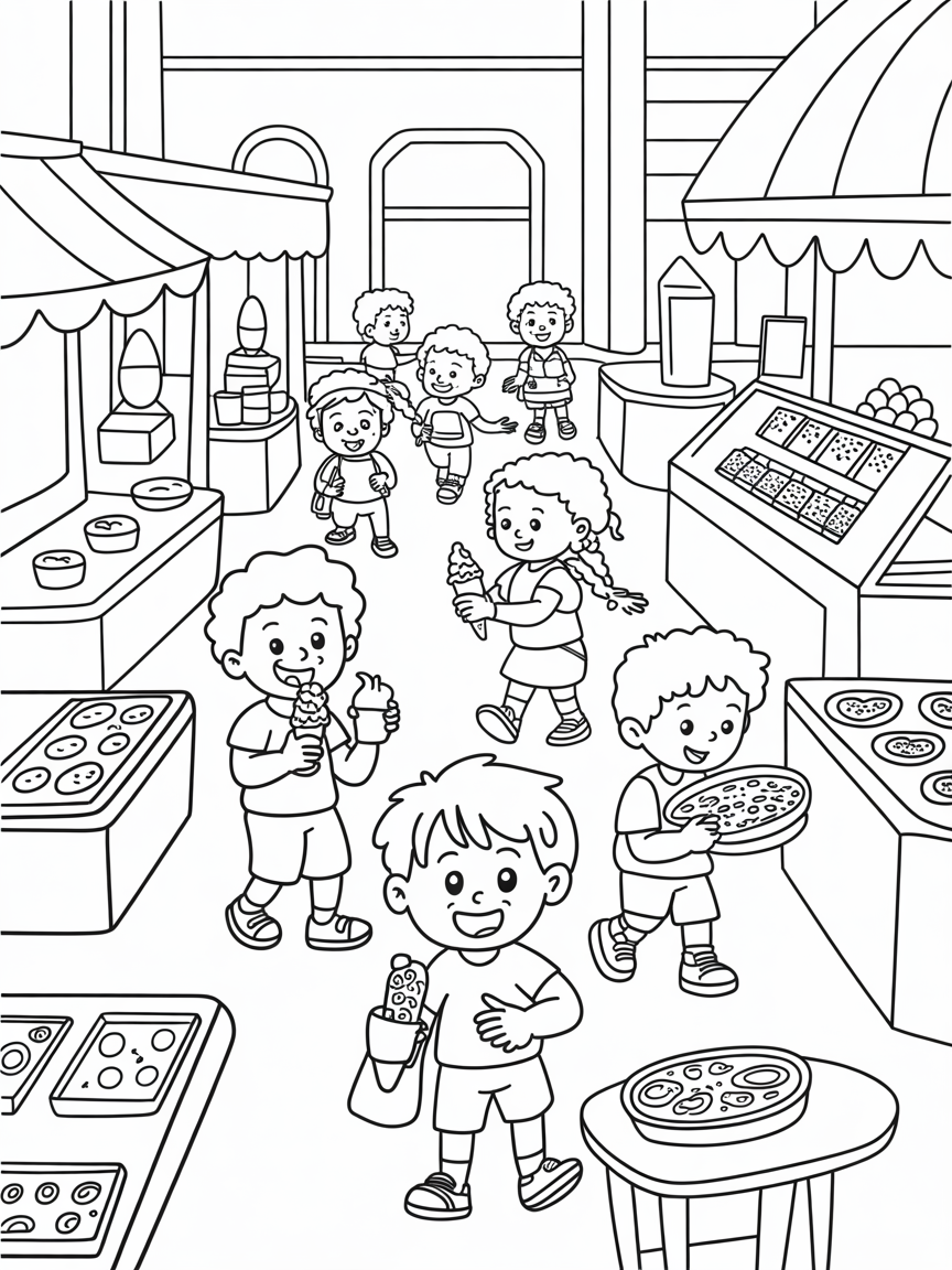 Mall adventure with kids navigating through a bustling food court - Free Coloring Page