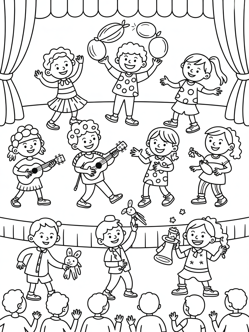 Silly talent show with homemade costumes and props - Free Coloring Page