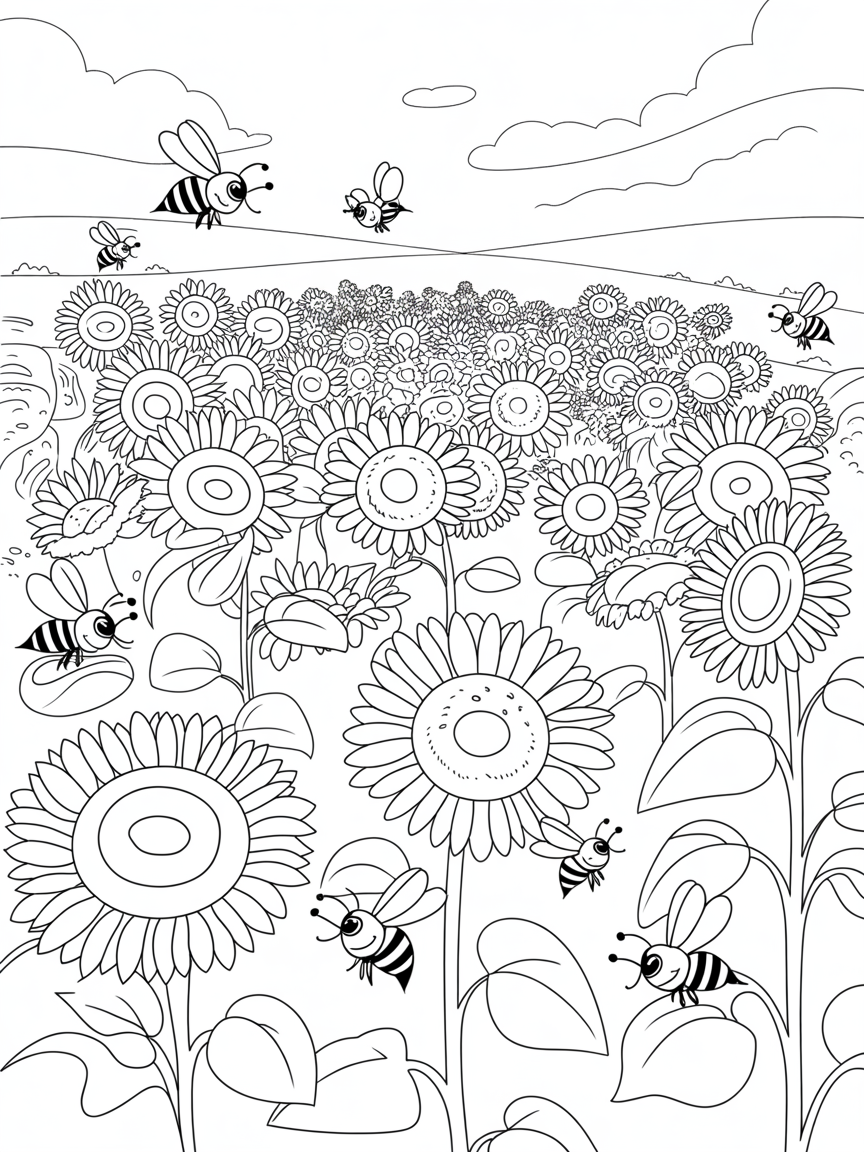 Sunflower fields bustling with busy bees - Free Coloring Page
