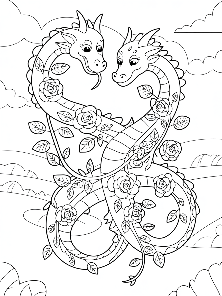 Floral dragons entwined with climbing roses - Free Coloring Page