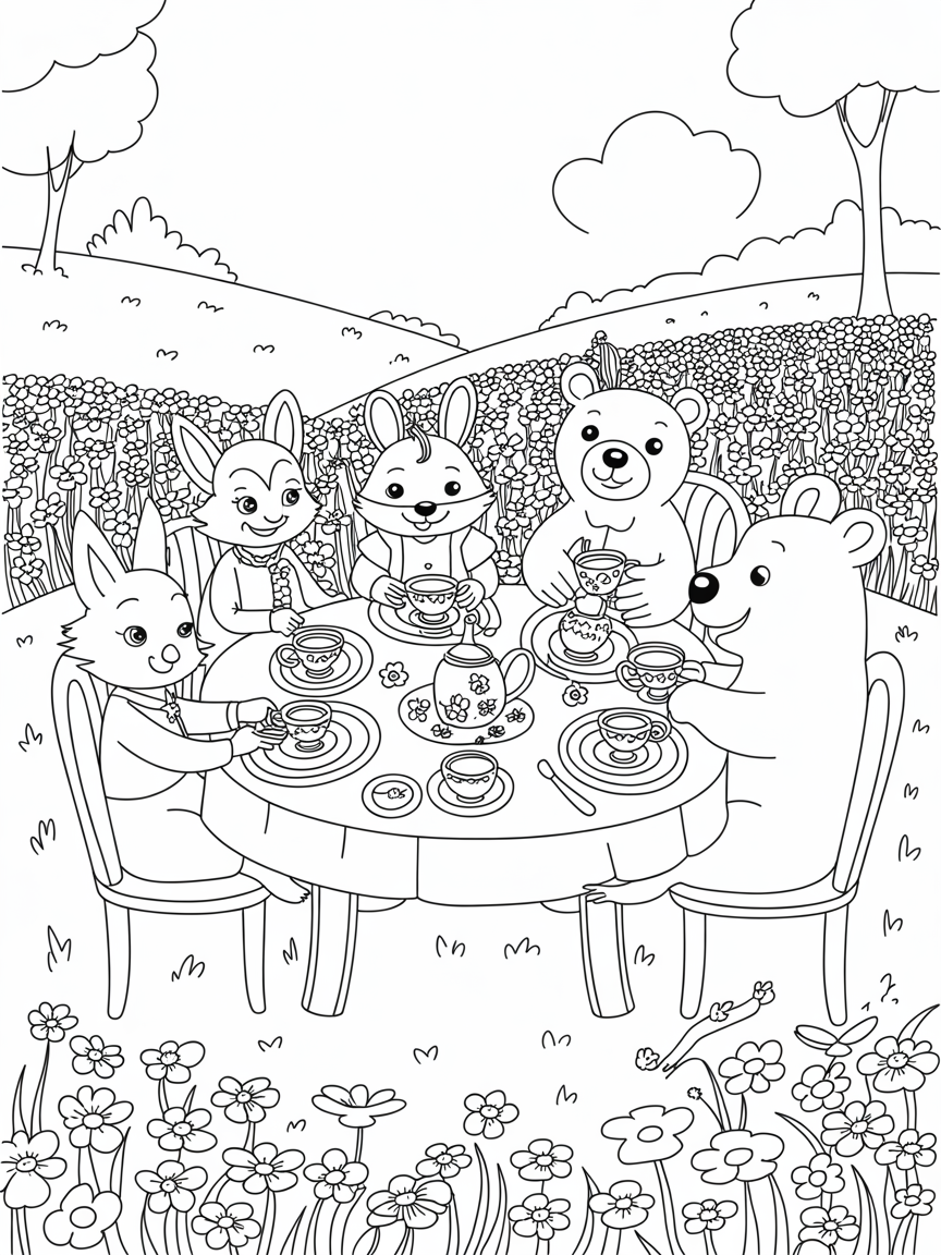 Magical tea party in a poppy meadow - Free Coloring Page