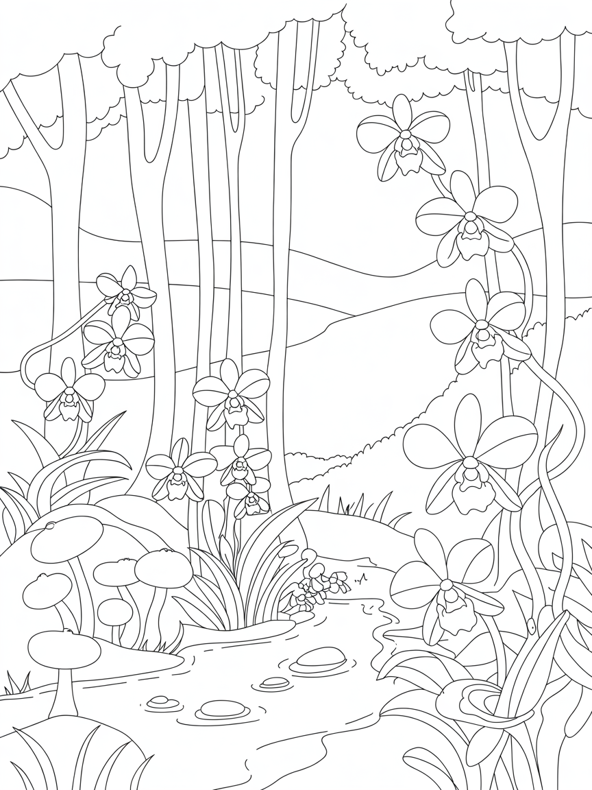 Mystical forest with luminescent orchids - Free Coloring Page