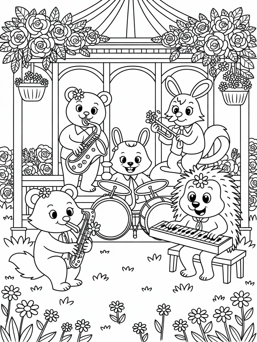 Flower-powered jazz band in a garden gazebo - Free Coloring Page