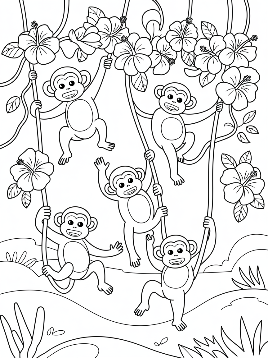 Vine-swinging monkeys among hibiscus blooms - Free Coloring Page